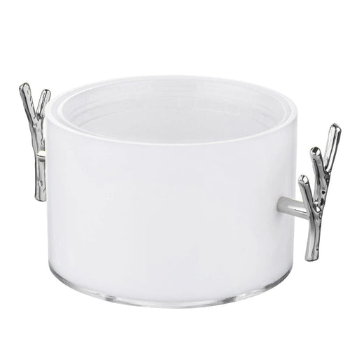 White ceramic 1 lb dip holder with dual twig-style handles for serving appetizers and condiments at the table.