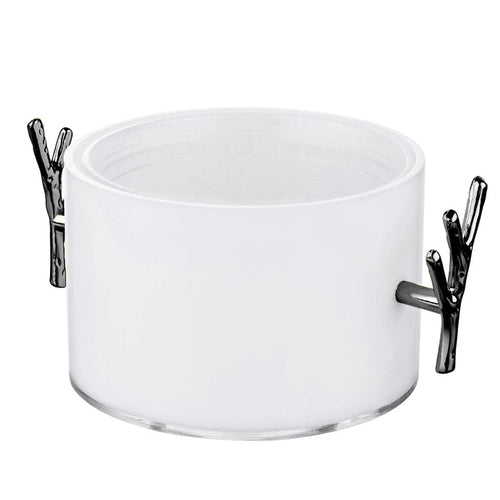 White ceramic 1 lb dip holder with black clip handles for serving appetizers and condiments at gatherings.