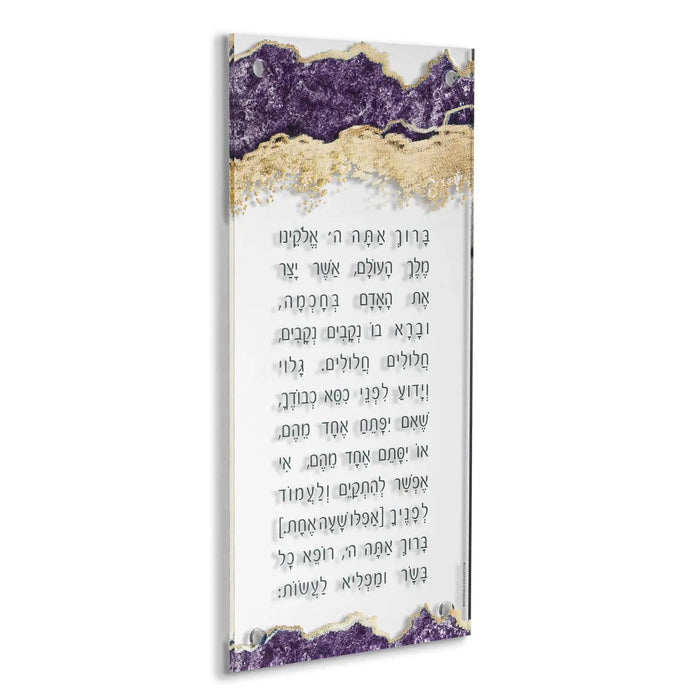 Abstract Asher Yatzar prayer wall art with purple floral borders and Hebrew text on cream background by Waterdale Collection.