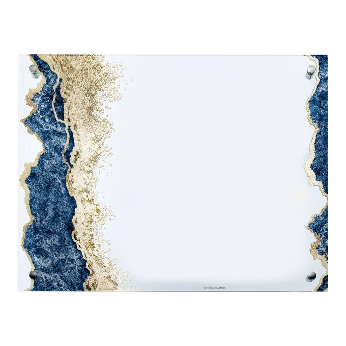 Abstract custom print wall art featuring blue and gold glitter textures with white space, mounted with corner hardware by Waterdale Collection.