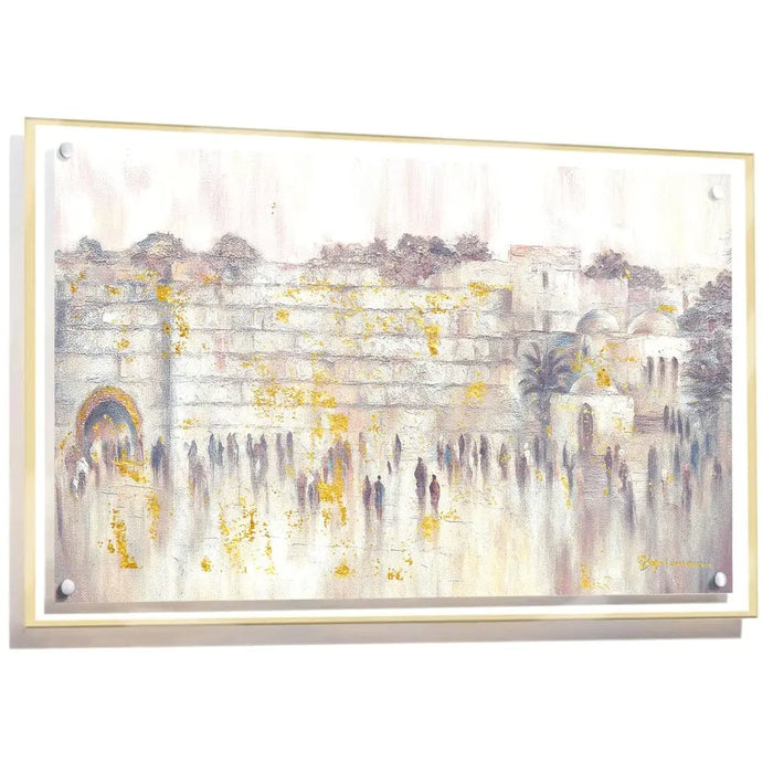 Abstract Kosel by Batya framed painting featuring soft watercolor tones of crowds and architecture in muted yellows and grays.