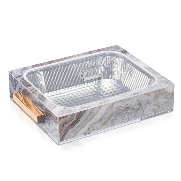 Agate 9x13 pan holder with marble pattern design and gold handles, ideal for serving and entertaining.