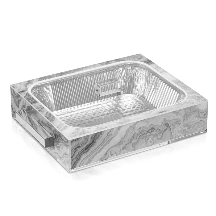 Agate 9x13 pan holder with gray marble design and clear plastic insert, ideal for serving dishes at gatherings.