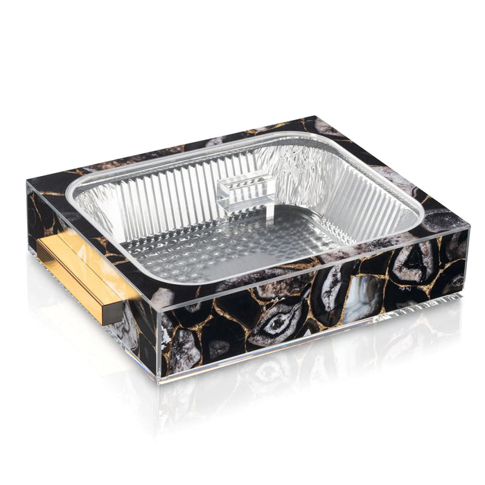 Black agate 9x13 pan holder with gold handles, featuring a clear plastic insert tray, perfect for serving dishes at holiday gatherings.