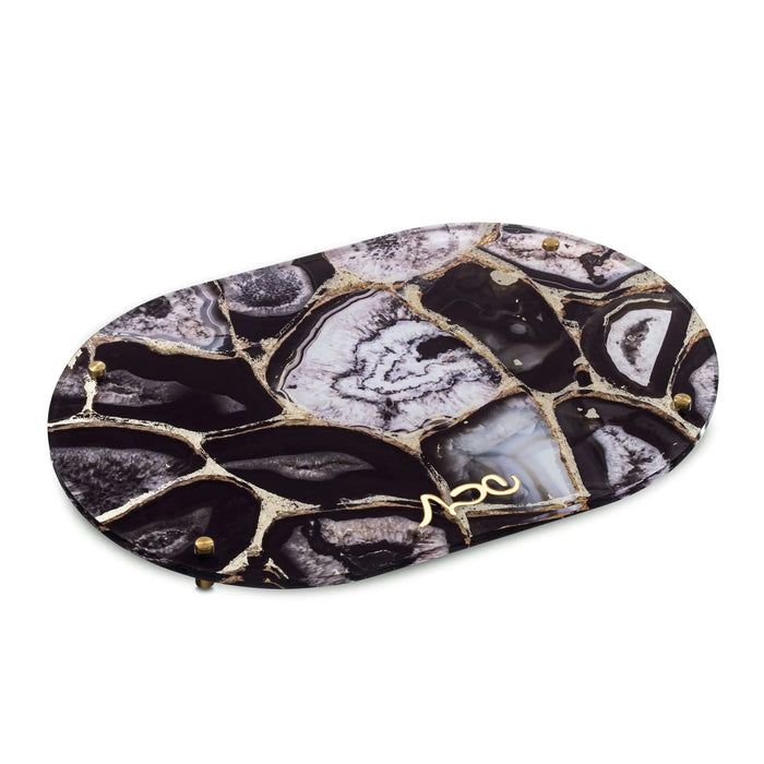 Black and white agate Hadlokas Neiros tray with natural stone veining and polished finish for Shabbat candle lighting.