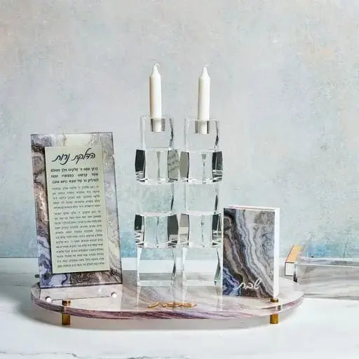 Agate tabletop hadlokas neiros candle lighter with white taper candles and prayer card on marble base for Shabbat