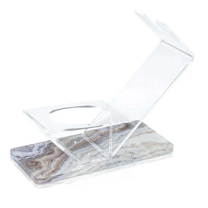 Agate wine stand with natural stone base and clear acrylic holder, ideal for displaying wine bottles at Shabbat dinners and holiday gatherings.
