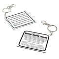 Al Hamichya Asher Yatzar prayer card keychain with Hebrew text on white card stock, displayed with two silver key rings attached.
