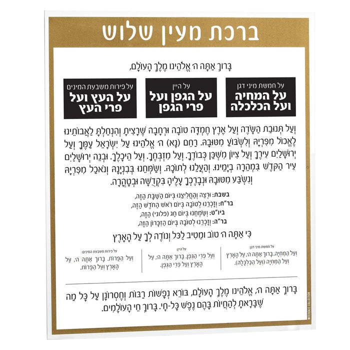 Al Hamichyah lucite card with Hebrew text and blessings in black print on clear background, 8x9 size