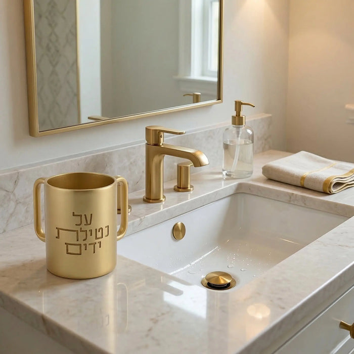Gold resin Al Netilas Yadayim washing cup displayed on a marble bathroom vanity with brass faucet and accessories.