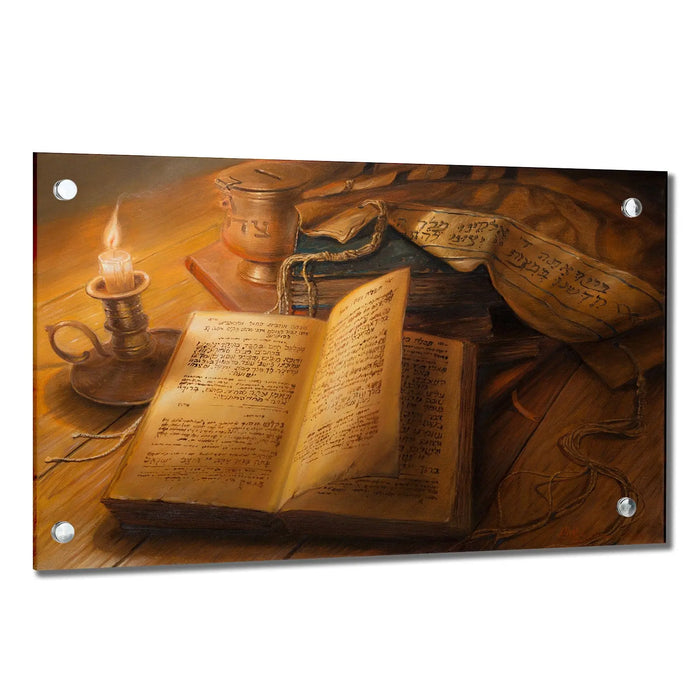 Alex Levin After Prayer painting depicting an open book with candlelight on wooden surface, warm brown tones, available in multiple sizes.