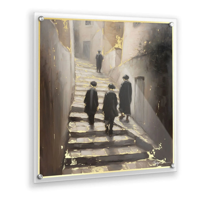 Alleyways Painting by Batya in a white frame showing a Jerusalem street scene with figures walking through a sunlit narrow passageway between stone buildings, wall art for home decor.