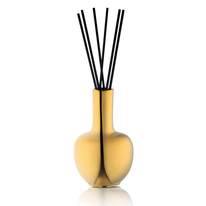 Aura Vase Diffuser with natural wood bulbous base and black reed sticks for home fragrance.