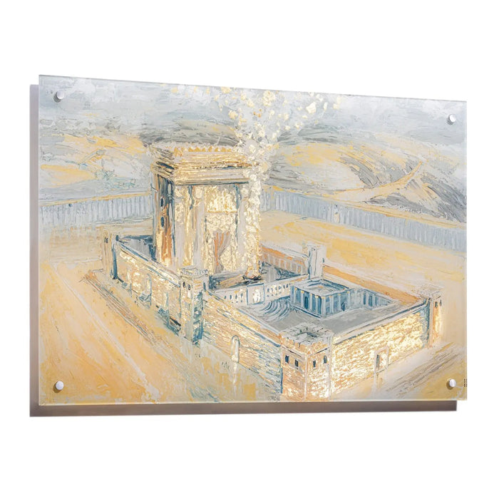 Bais Hamikdash painting featuring the Second Temple in Jerusalem rendered in soft gray and gold tones on canvas wall art.