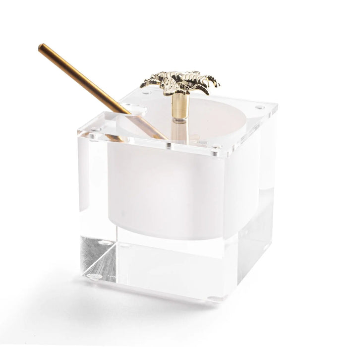 Bee honey dish in thick clear Lucite with a gold bee on the cover, for Rosh Hashanah, from Waterdale Collection