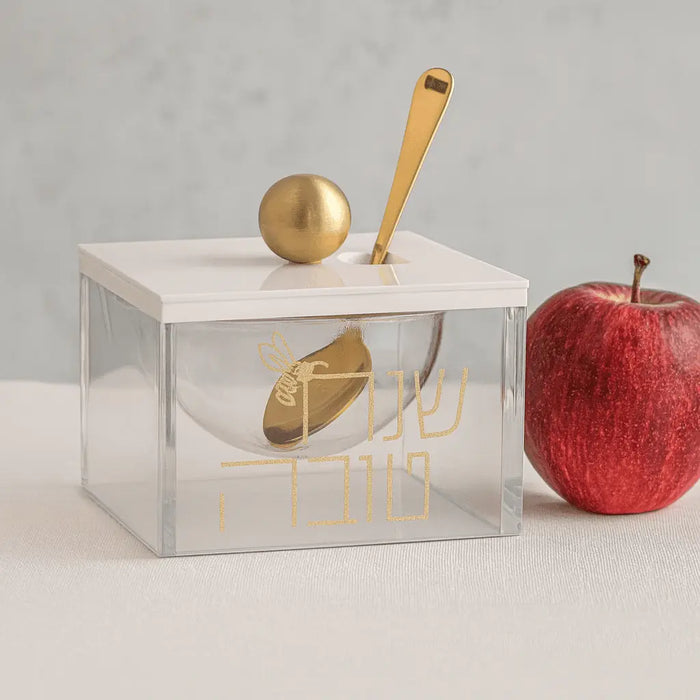Block Lucite honey dish shown with an apple for scale on a Rosh Hashana table