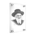 Bobover Rebbe Gadol sketch in black and white, framed behind clear acrylic panels mounted on white wall.