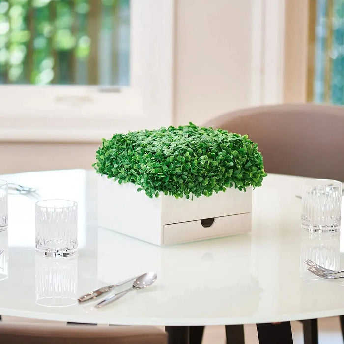 Boxwood Bencher Set by Waterdale Collection featuring a round white planter with faux green boxwood topiary on a white table with lifestyle accessories.