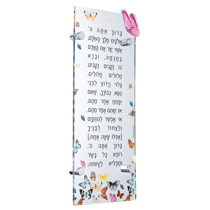 Butterfly Asher Yatzar prayer wall art in Hebrew text with pink butterfly decoration and colorful illustrated border design.