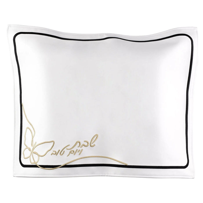 White leather Butterfly Challah Cover with gold butterfly design and dark piping detail by Waterdale Collection