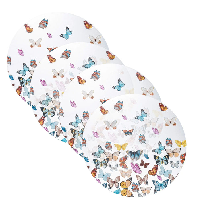Butterfly Chargers by Waterdale Collection featuring colorful illustrated butterflies in blue, orange, pink, and cream scattered across white round charger plates for elegant table settings.