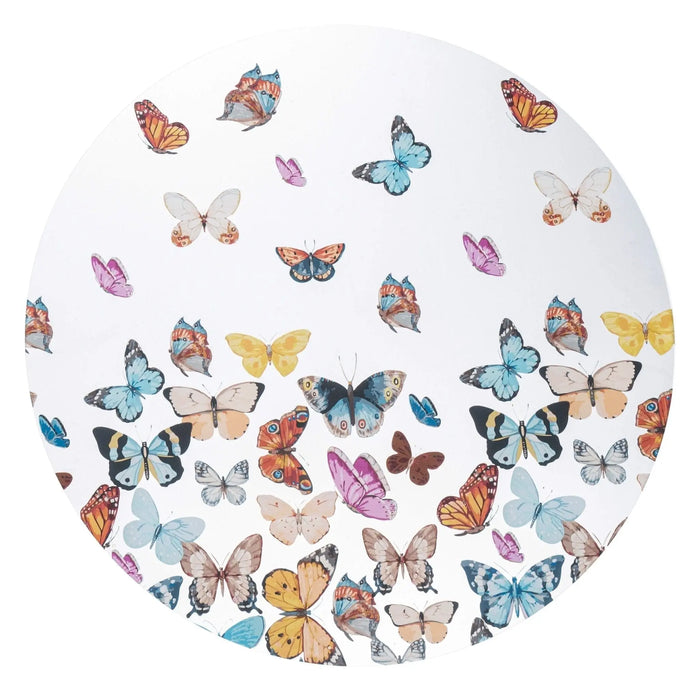 Colorful butterfly charger plate featuring multicolored butterflies in orange, blue, purple, and yellow scattered across white background by Waterdale Collection.