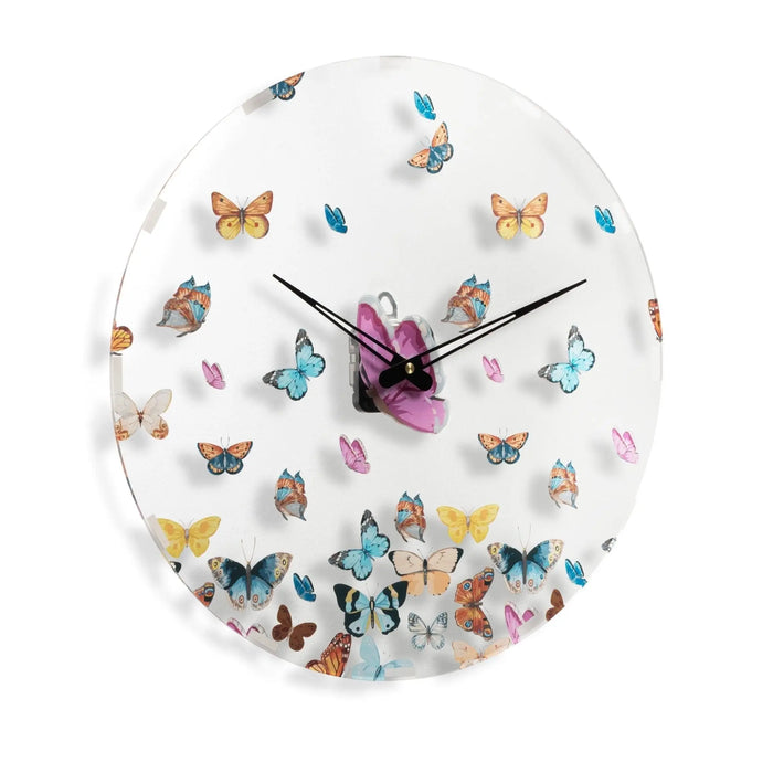 Waterdale Collection butterfly wall clock with colorful illustrated butterflies scattered across white face and numbered dial with purple center hands.