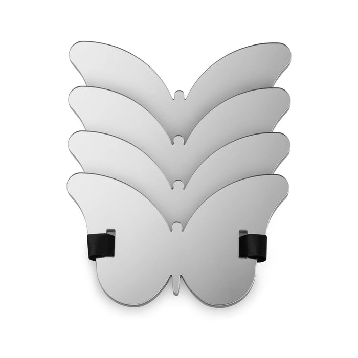 Silver butterfly napkin wraps with layered wing design and black accents, elegant napkin rings for table settings.