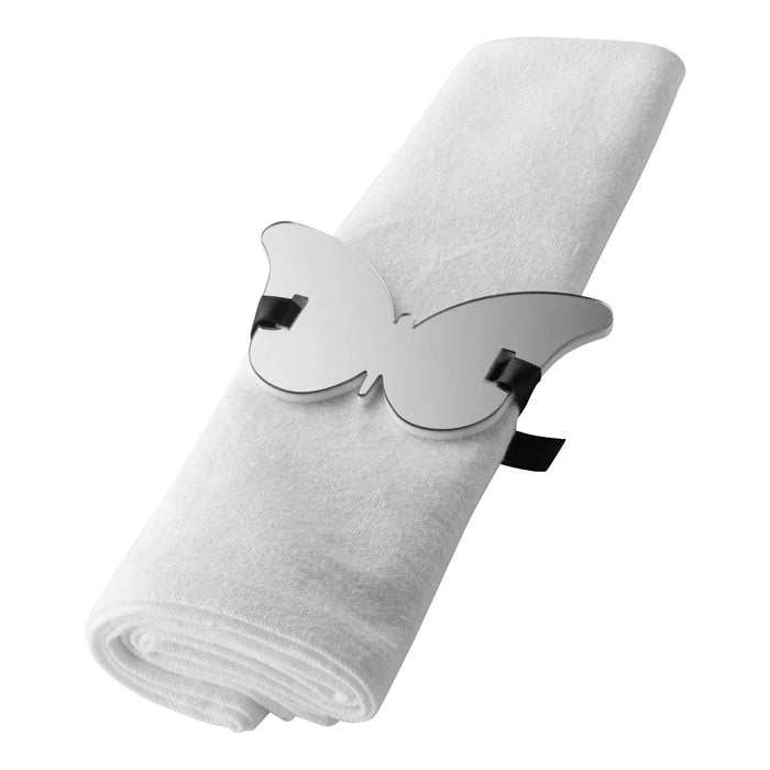 White fabric butterfly napkin wrap with black bow details, rolled napkin ring for elegant table setting by Waterdale Collection.