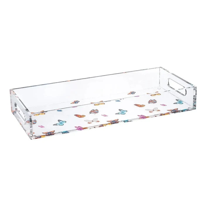 Butterfly Netilas Yadayim Set by Waterdale Collection in clear acrylic with colorful butterfly design on white base.