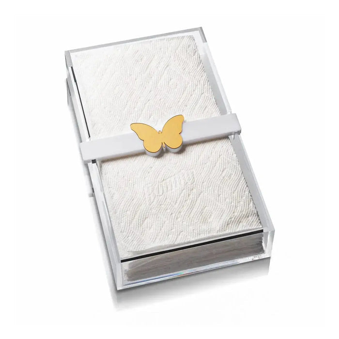 Butterfly Paper Towel Holder from Waterdale Collection features a gold butterfly accent on white textured napkin holder with metal frame base.