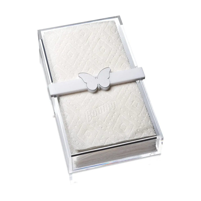 Waterdale Collection butterfly paper towel holder in white with embossed butterfly design and metal accents on tabletop surface