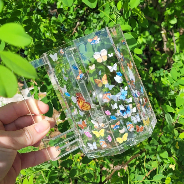 Clear acrylic butterfly washing cup filled with colorful decorative stones, displayed on green foliage background