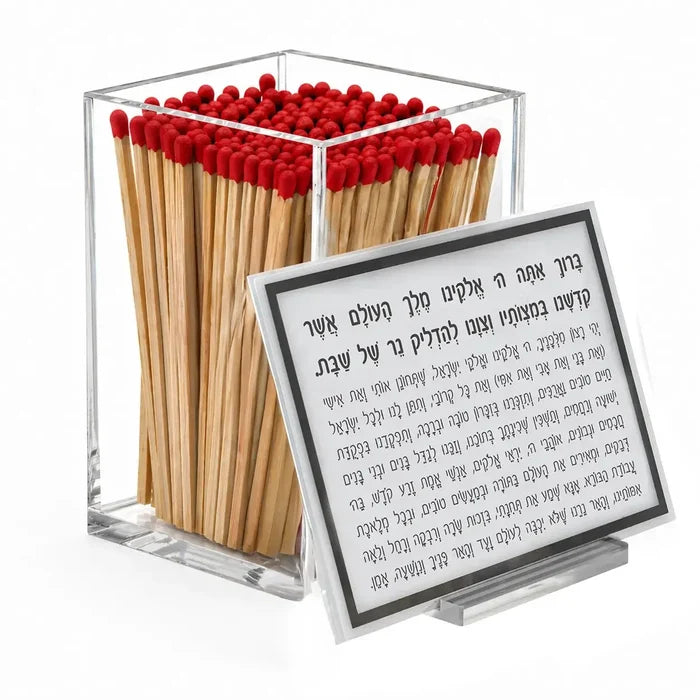 Waterdale Collection candle lighting holder with wooden matches in clear case next to instructional card set