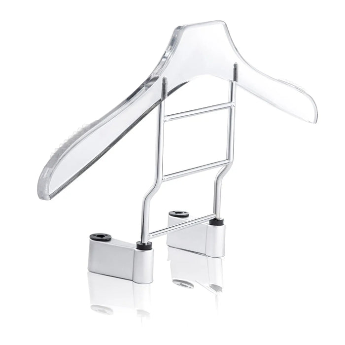 Waterdale Collection silver car hanger with white dress shirt and tie, featuring adjustable straps and storage pockets for organized closet display.