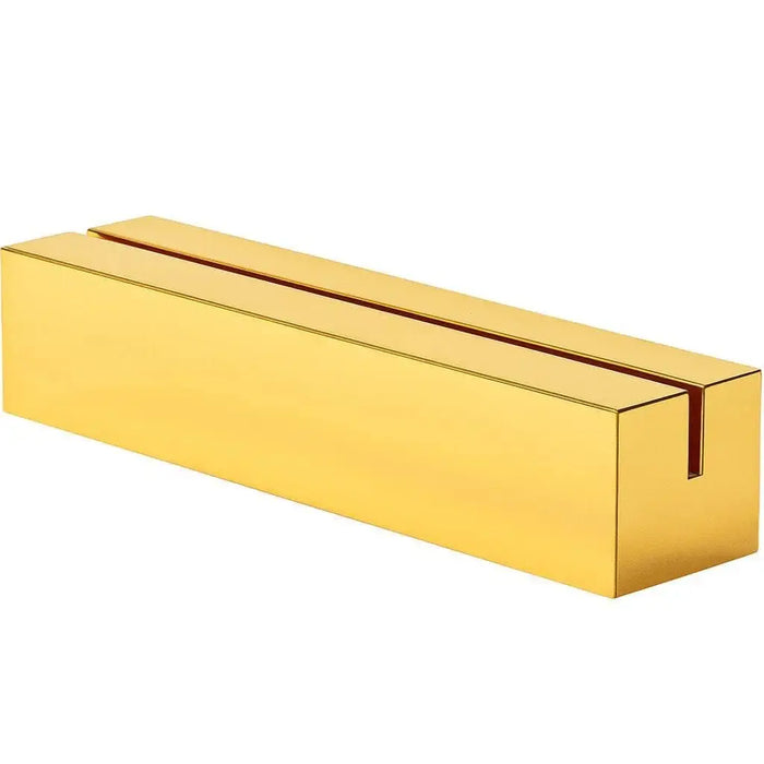 Gold rectangular card holder by Waterdale Collection for storing 4x8.5 cards, displayed at an angle against white background.