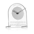 Silver Chanukah Brachos Clock in clear Lucite, the Hebrew brachos printed below the dial for Chanukah candle lighting