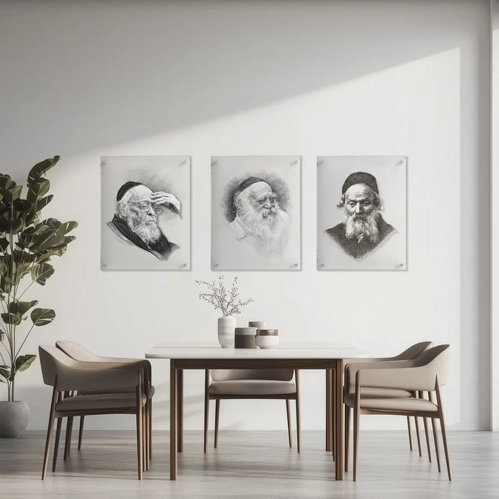 Custom sketch portrait wall art in black and white displayed above a dining table in a modern room setting.