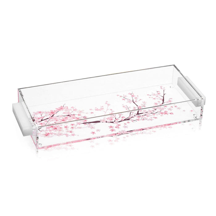 Clear acrylic cherry blossom bread tray with delicate pink floral design, ideal for serving or bathroom vanity storage.