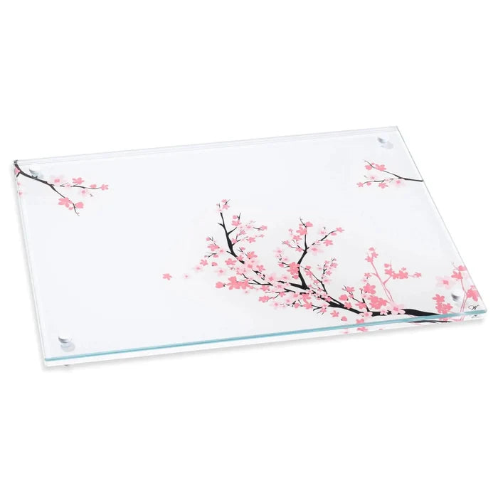 Cherry Blossom Challah Board and Cover Set with pink floral design on white glass serving board and matching cloth cover.