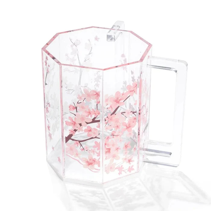 Cherry Blossom Netilas Yadayim Set with clear pitcher and bowl featuring delicate pink floral design by Waterdale Collection.