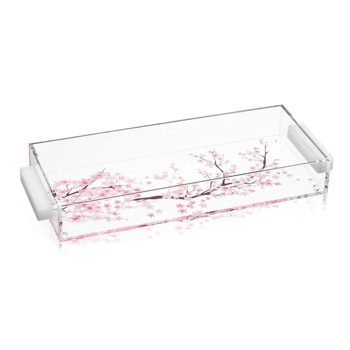 Clear acrylic Cherry Blossom Netilas Yadayim set with pink floral design and matching pitcher and bowl for ritual handwashing.