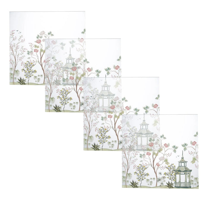 Chinoiserie Charger plate featuring delicate botanical illustrations with pagoda architecture, pink florals, and green foliage in soft watercolor style