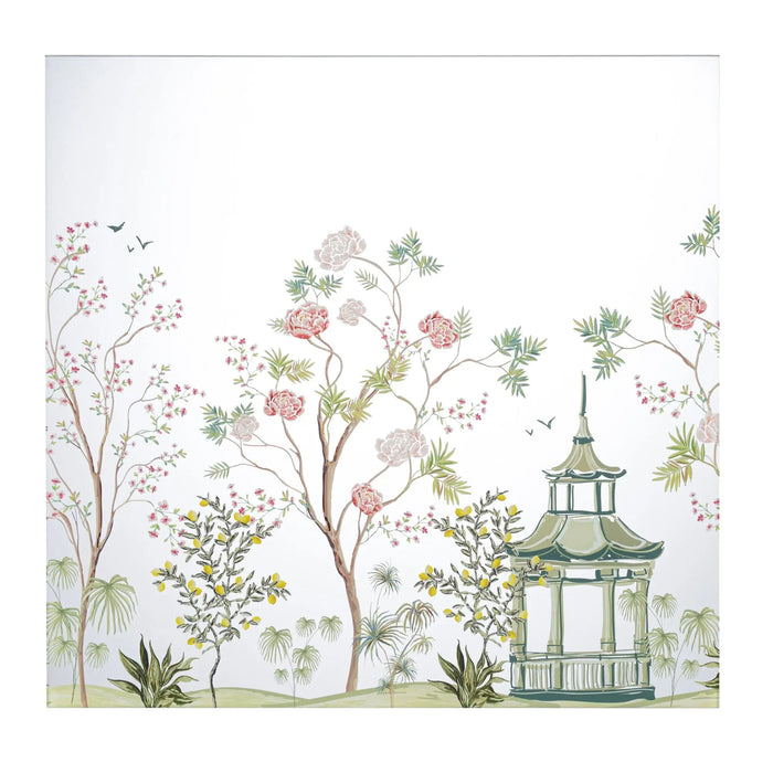 Chinoiserie Chargers featuring delicate botanical garden design with pagoda and flowering trees in soft green and pink tones on white background.