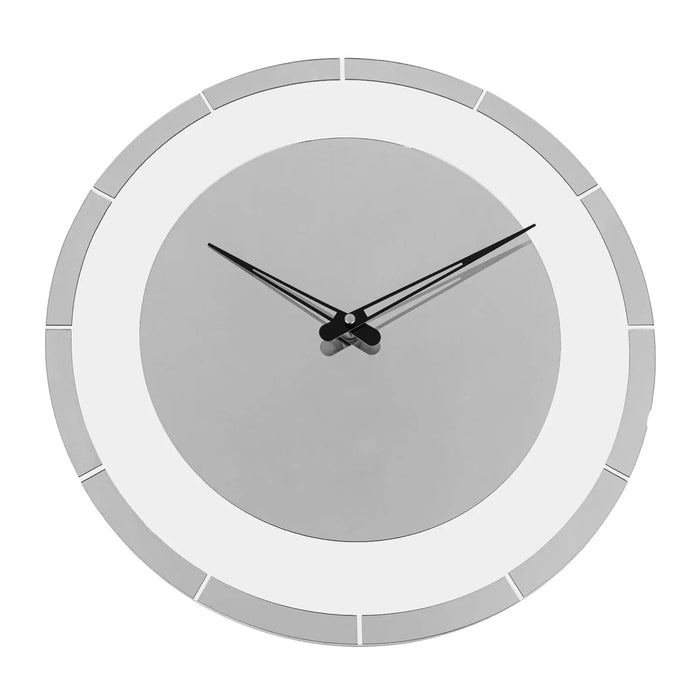 Modern circle wall clock with gray face and white ring detail, featuring black hands and minimalist design from Waterdale Collection.