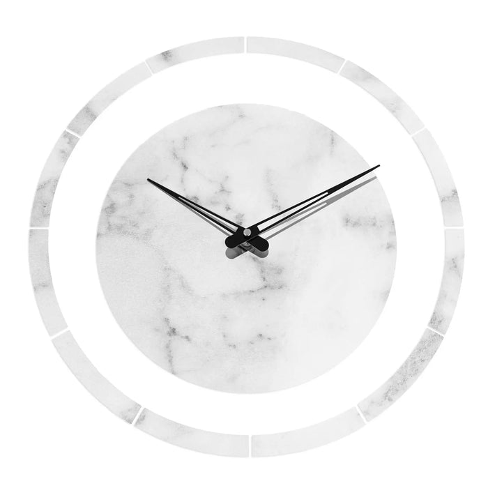Waterdale Collection Circle Clock with white marble face and sleek metal frame on a light background, modern wall art design.
