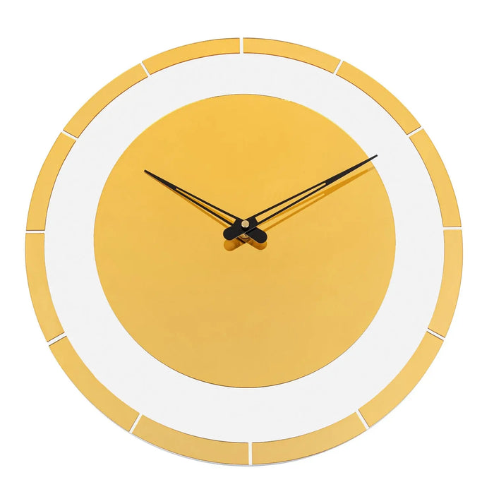 Gold Circle Clock with minimalist design features a yellow-gold metal frame and face with black hands, modern wall art by Waterdale Collection.