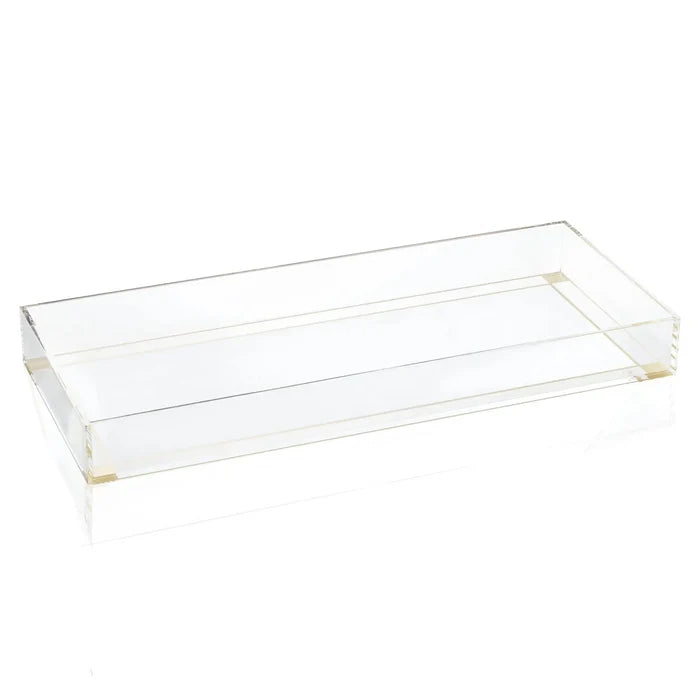 Clear acrylic Classic 2.0 Basic Tray with gold corner accents, rectangular design for bread or towel storage.