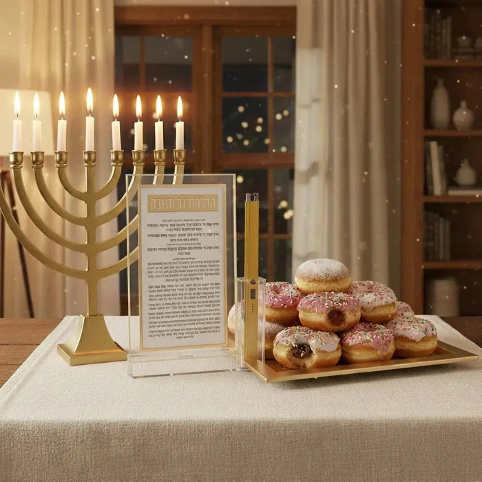 The Classic 2.0 Chanukah brachos tabletop and its lighter set out on a white cloth, ready for Hanukkah candle lighting