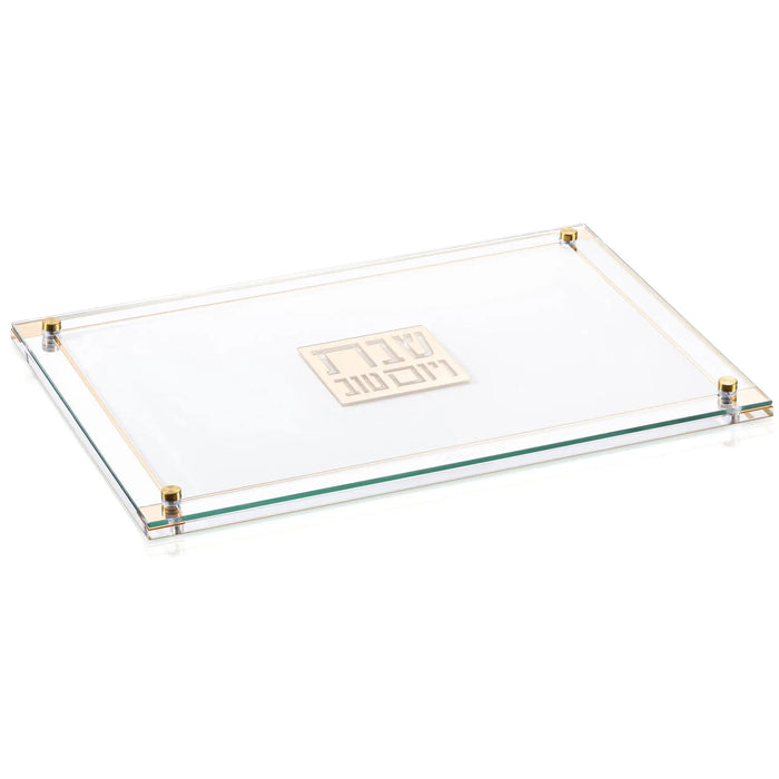 Classic 2.0 Challah Board by Waterdale Collection featuring a rectangular glass tray with brass corner accents and engraved challah design